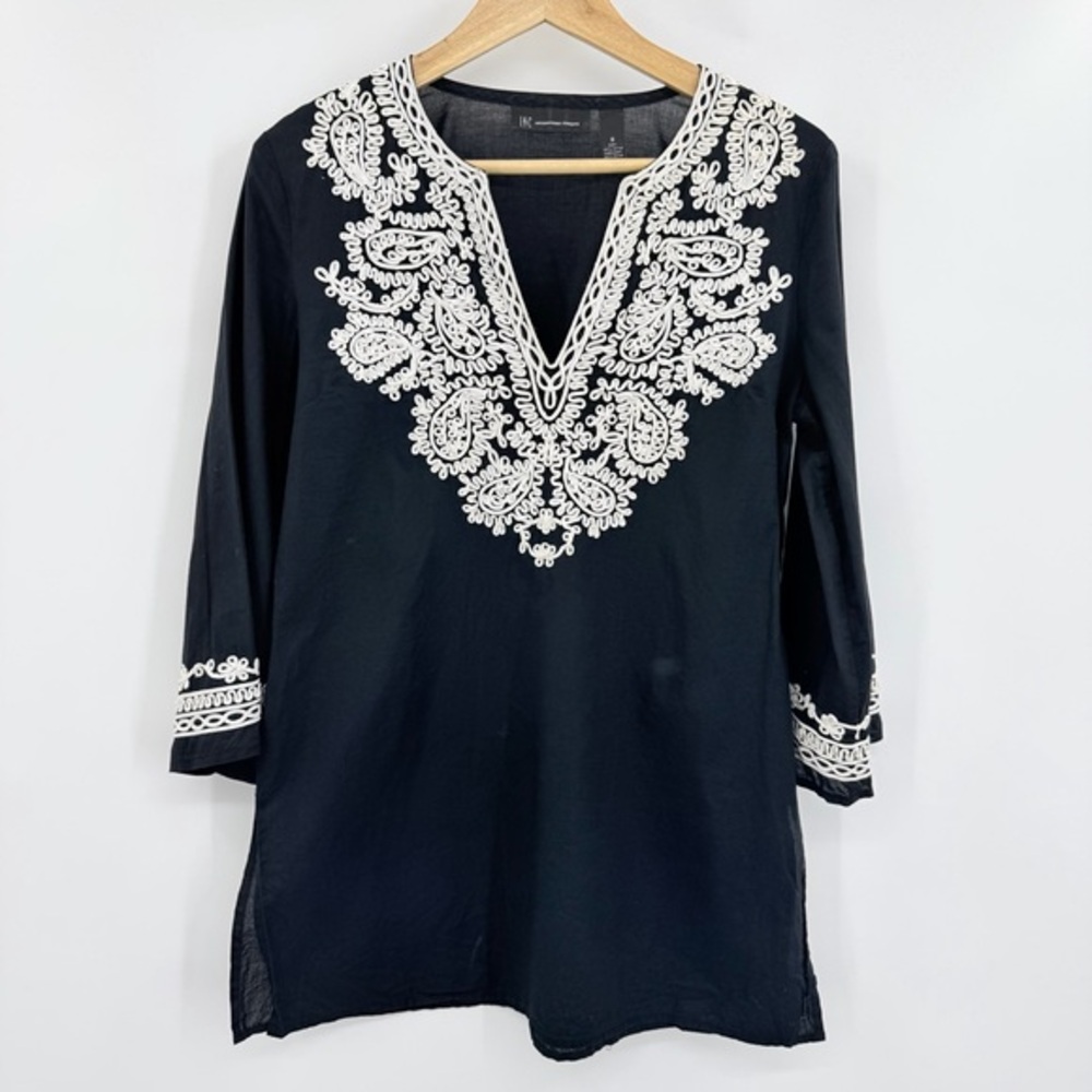 INC International Concepts Black and White Embroidered Trim‎ Women's Top Size 6